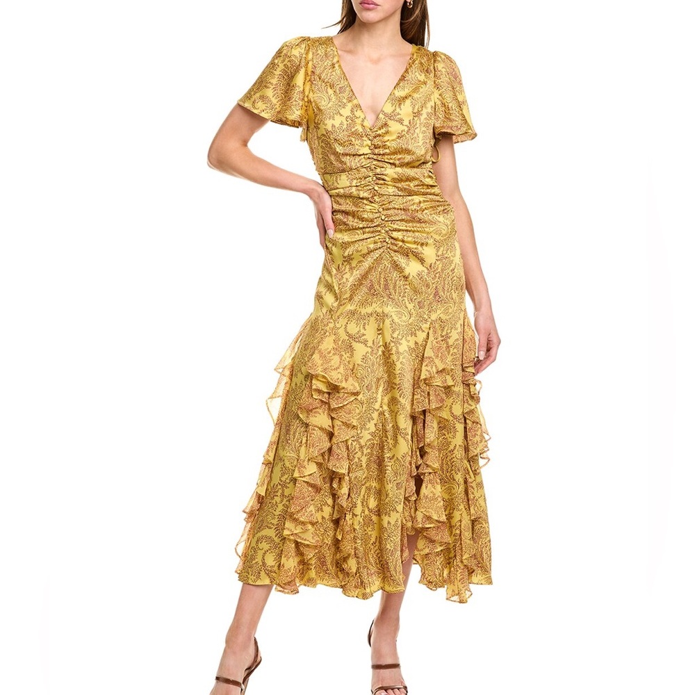 Cinq a Sept Gold Cocktail Gown with Flutter Sleeves size 6 wedding guest dress